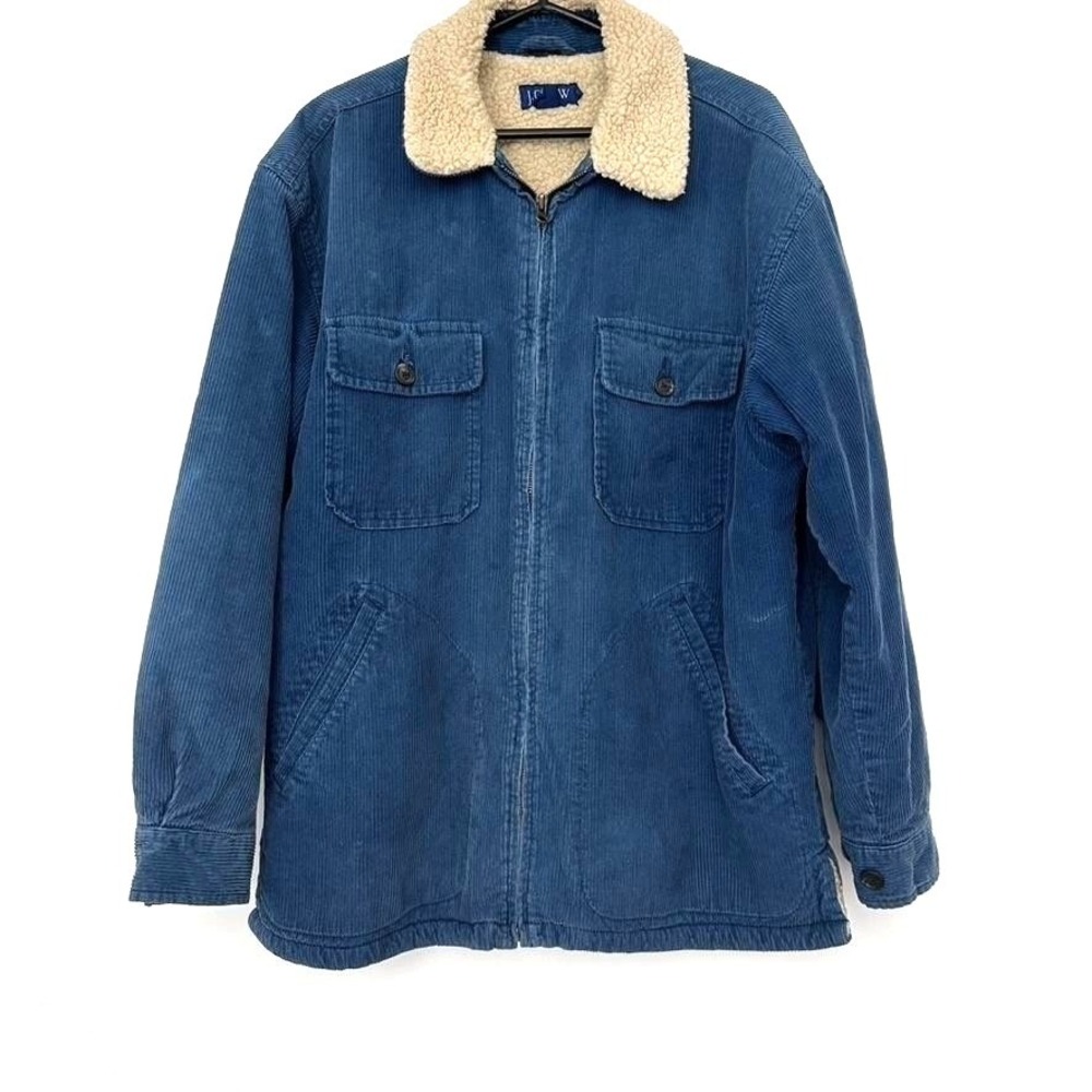 Vintage J Crew Barn Jacket Men M Blue Corduroy Sherpa Lined Full Zip 90s Y2K